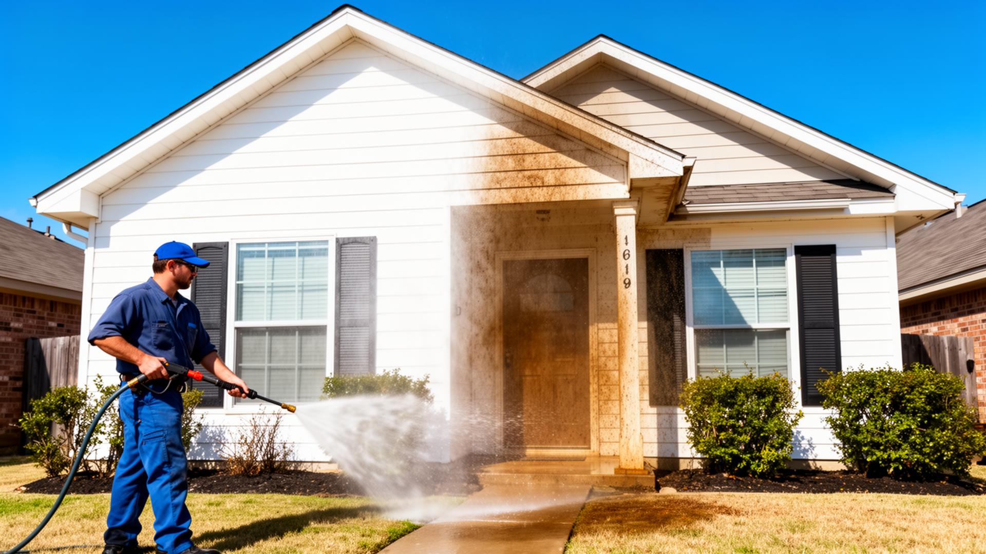 Hydro Power Washing technician cleaning a North Texas home exterior